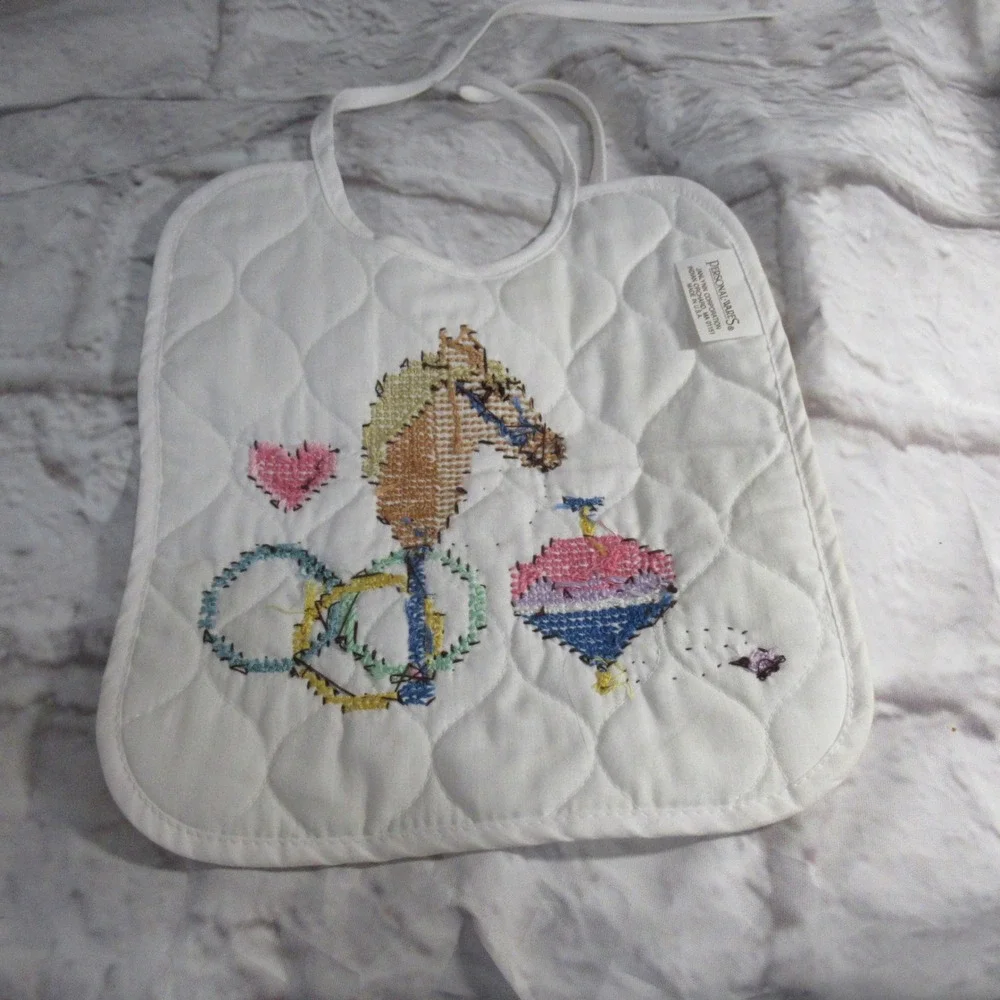 Personal Wares Baby Bib Kids OS White Excellent Cross Stitch Handmade Quilted
